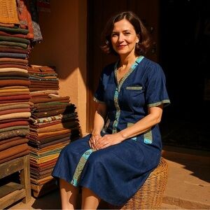 Fashion Classic Collection,denim blue dress light blue & yellow accents,pockets